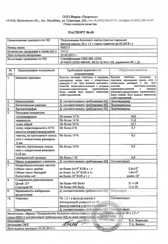 Подорожник листья фильтрпакетики, 1,5 г, 20 шт.