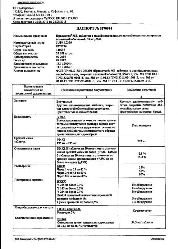 Предуктал мв таблетки 35 мг, 60 шт.