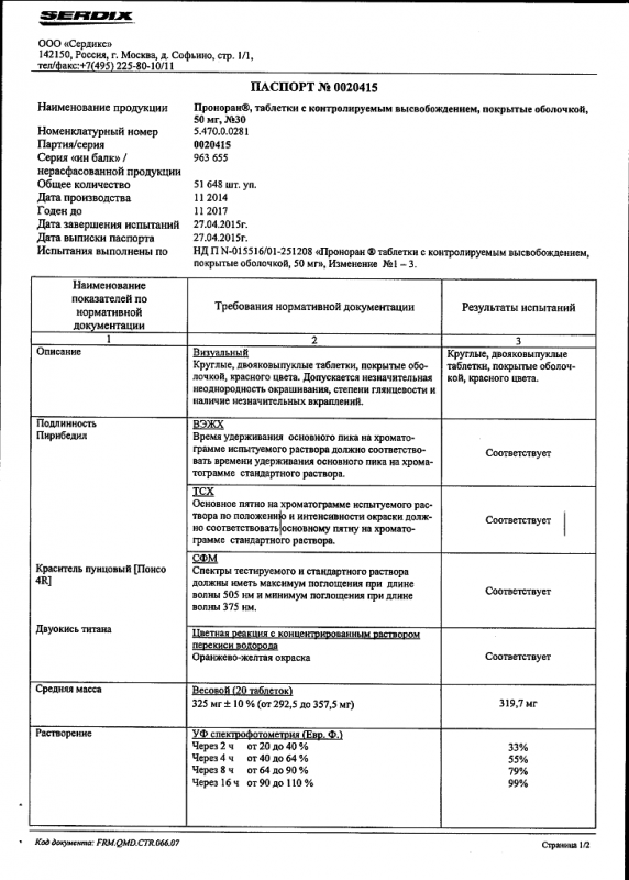 Проноран таблетки ретард 50 мг, 30 шт.