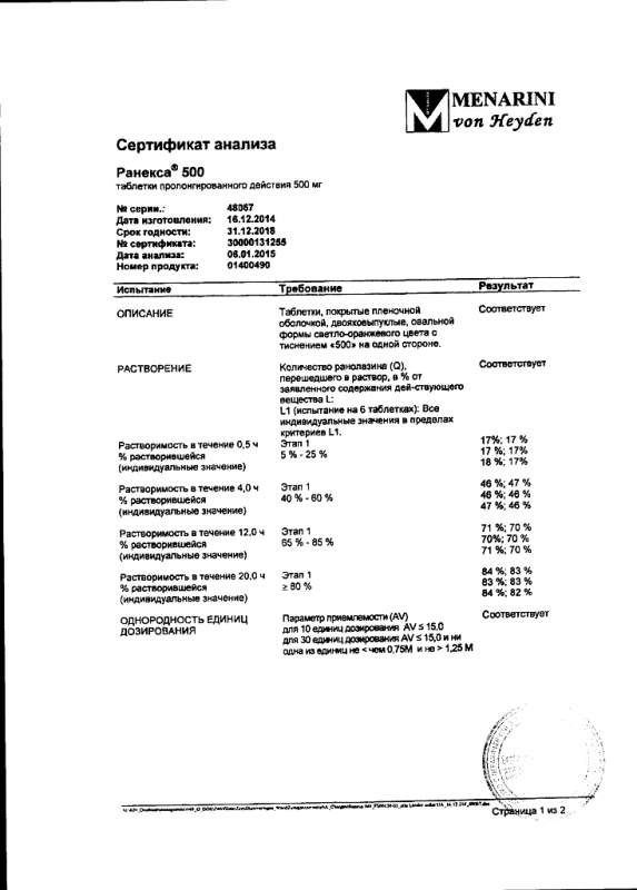 Ранекса таблетки 500 мг, 60 шт.