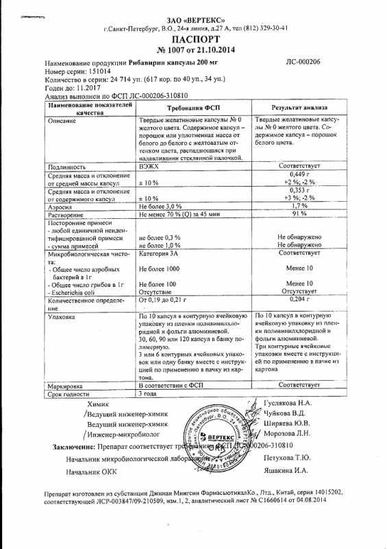 Рибавирин капсулы 200 мг 30 шт.