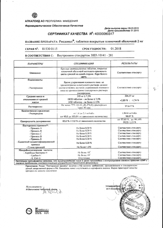 Рисдонал таблетки 2 мг, 20 шт.