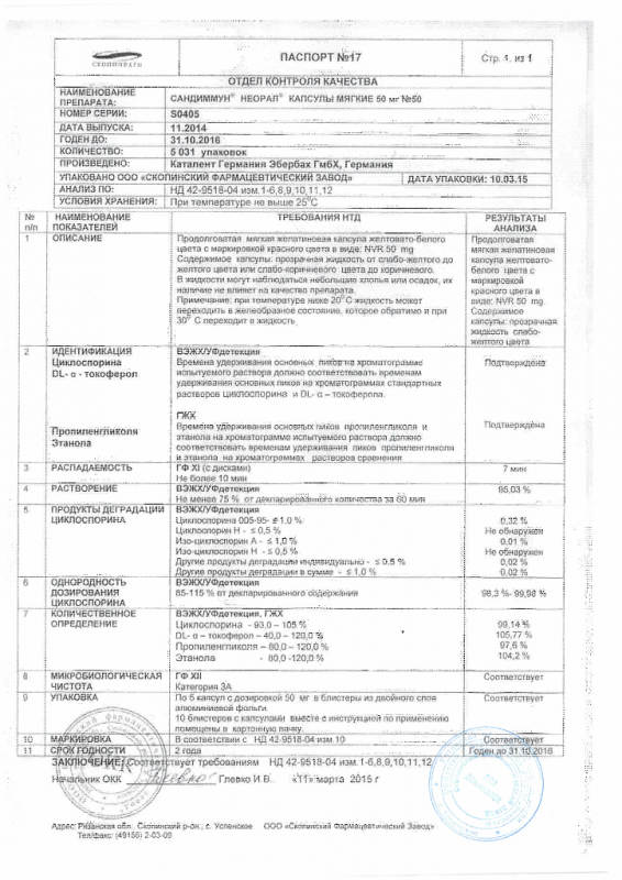 Сандиммун неорал капсулы 50 мг, 50 шт.