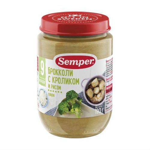 Семпер (Semper) Пюре брокколи с кроликом и рисом 9 мес. 190 г