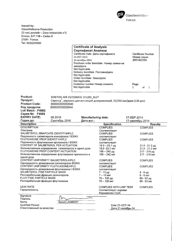 Серетид аэрозоль для ингаляций 25+250 мкг/доза, 120 доз