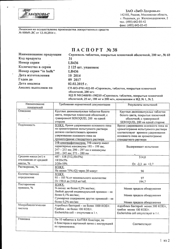 Сероквель пролонг таблетки 200 мг, 60 шт.