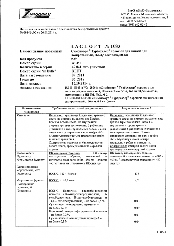 Симбикорт турбухалер 160+4.5мкг/доза пор. д/ингаляций дозир. 60доз (r)