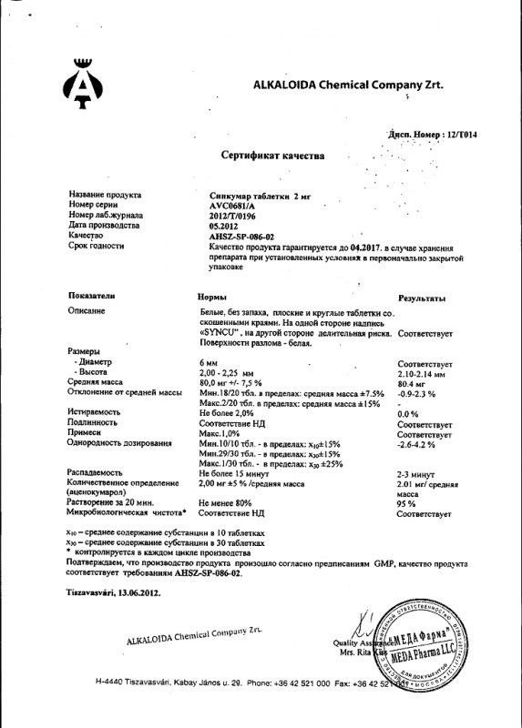 Синкумар таблетки 2 мг, 50 шт.