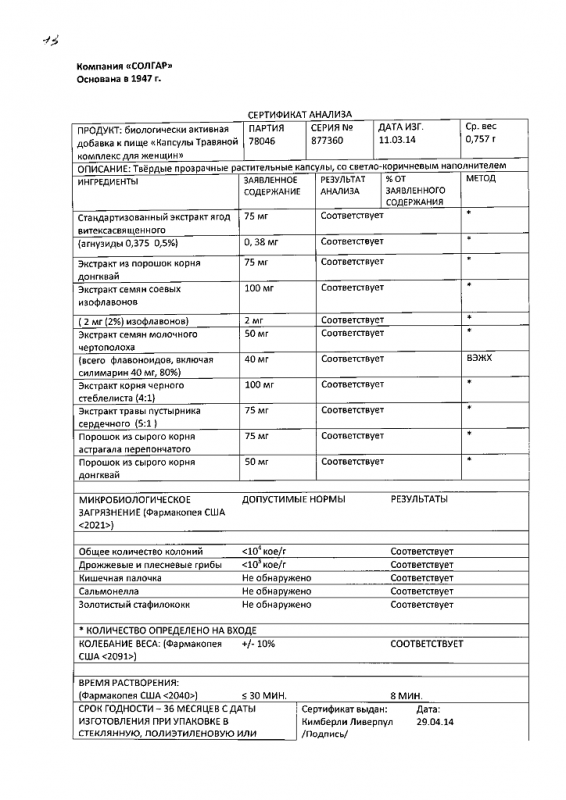 Солгар Травяной комплекс для женщин капсулы, 50 шт.