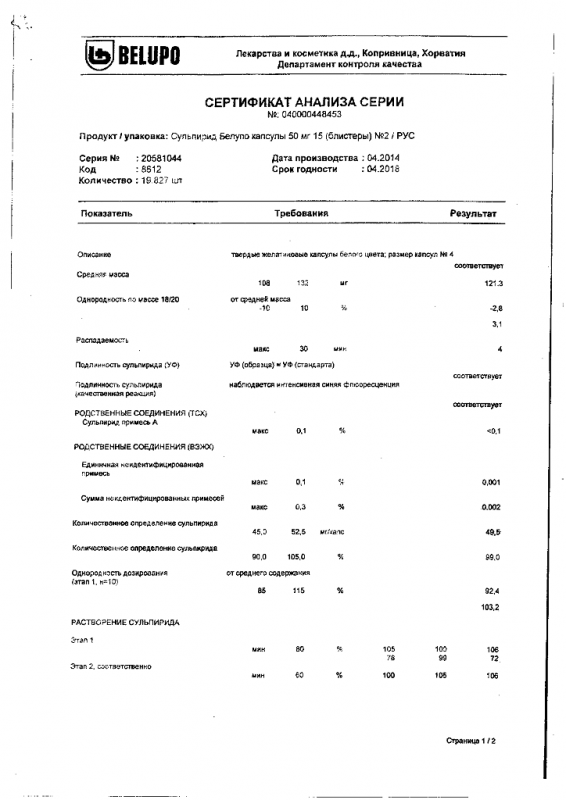 Сульпирид белупо капс 50мг №30