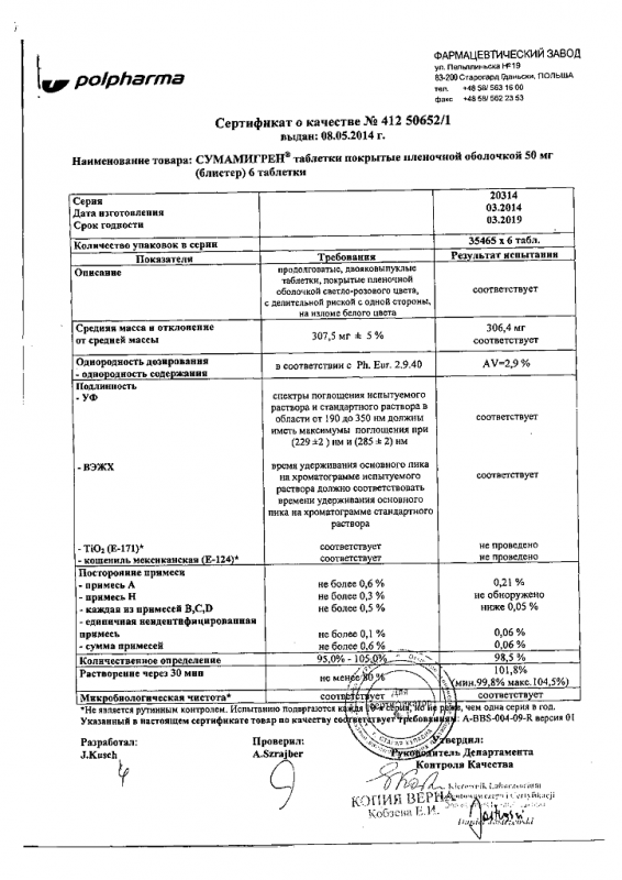 Сумамигрен таблетки покрыт.плен.об. 50 мг, 6 шт.