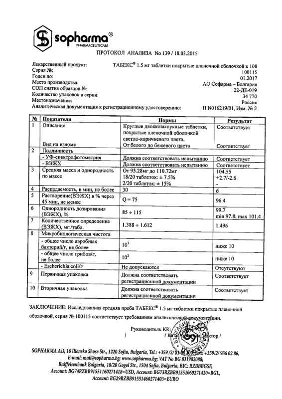 Табекс таблетки 1.5 мг, 100 шт.