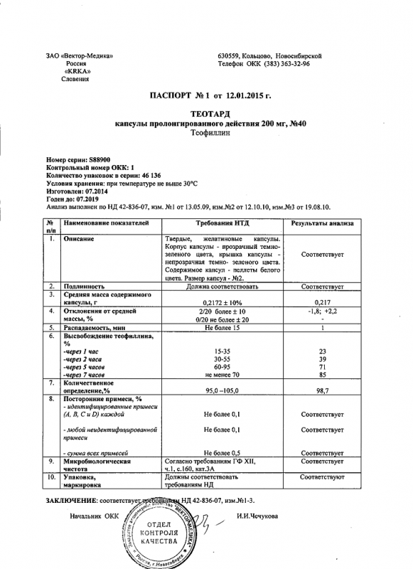 Теотард капсулы ретард 200 мг, 40 шт.