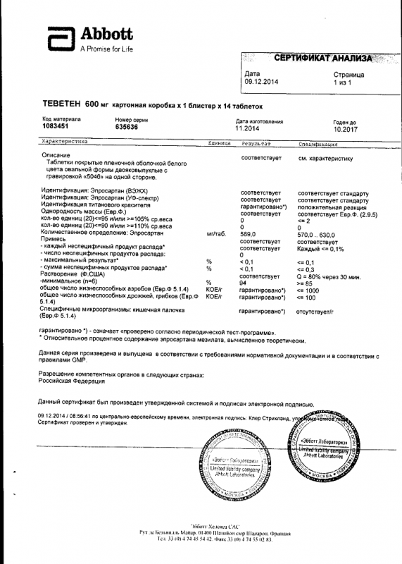 Теветен таблетки 600 мг, 14 шт.