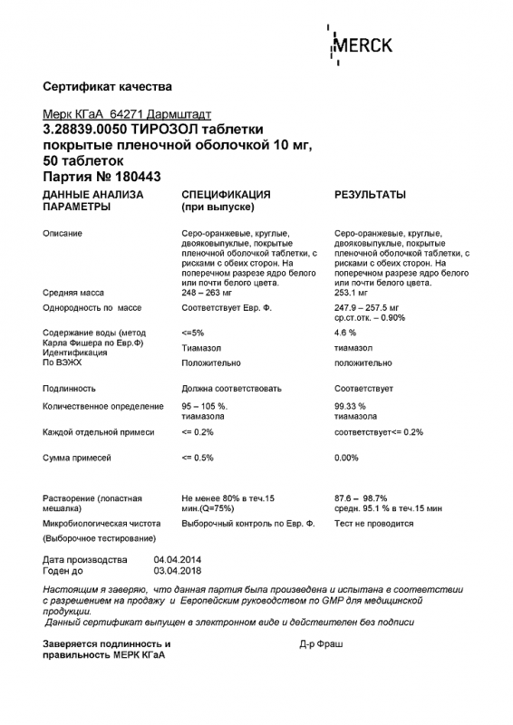 Тирозол таблетки 10 мг, 50 шт.