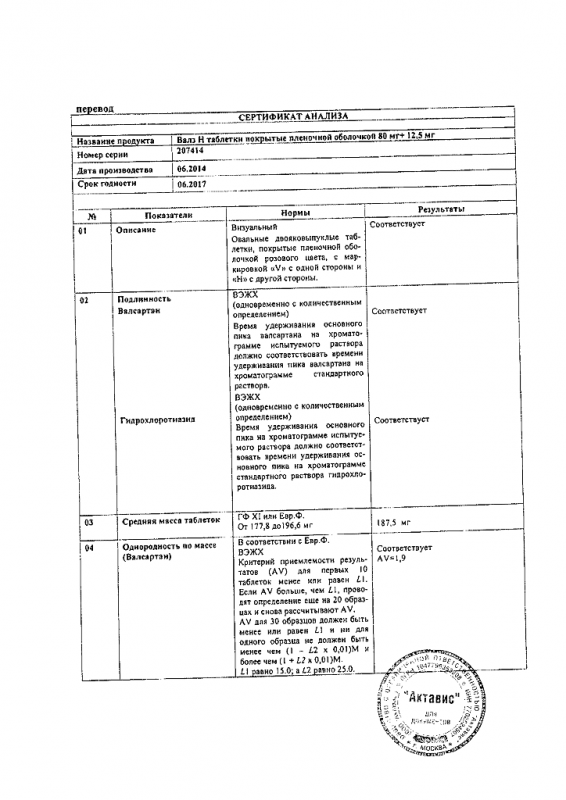 Валз Н таблетки покрыт.плен.об. 80 мг+12,5 мг 98 шт.