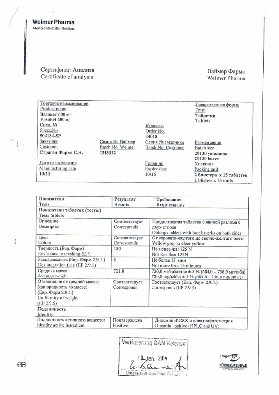 Вазокет таблетки 600 мг, 30 шт.