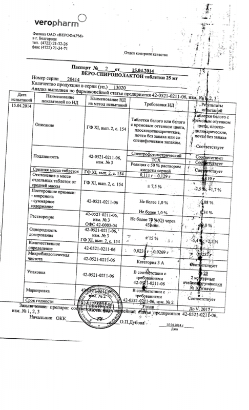 Веро-Спиронолактон таблетки 25 мг, 20 шт.