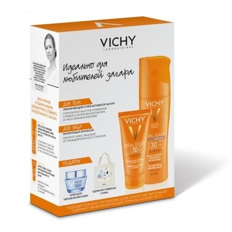 Vichy набор для любителей загара Ideal Solei спрей активатор SPF30 200мл+матир.эмульсия DryTouch для лица SPF30 50мл+ подарок пляж.сумка и крем Аквалия Термаль 15мл