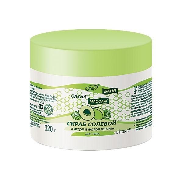 Vitex Баня Сауна Массаж Скраб солевой с медом и маслом персика для тела 320мл