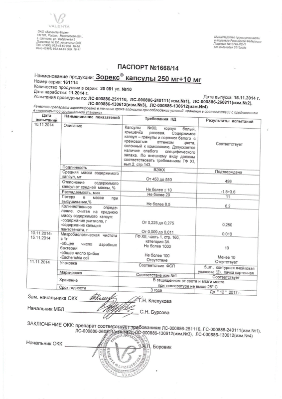 Зорекс капсулы 250 мг+10 мг, 10 шт.