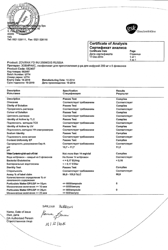 Зовиракс флаконы 250 мг , 5 шт.